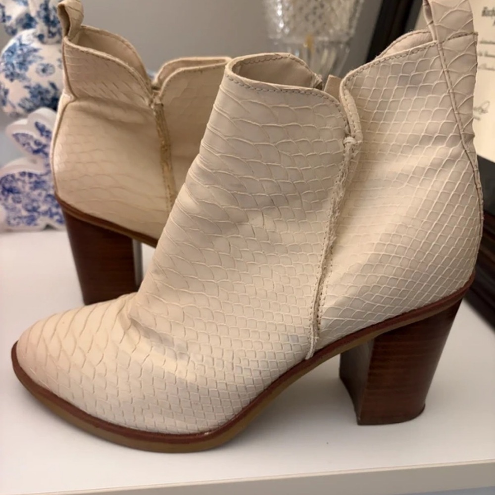 MIA Ivory Textured Ankle Boots with Stacked Wood Heel